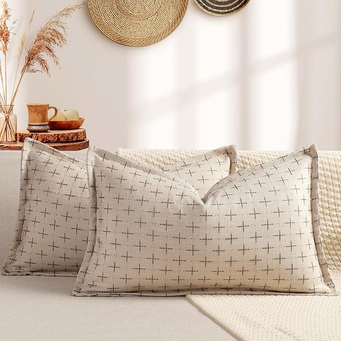 12x20 Pillow Covers Set of 2 Soft Polyester Textured Pillow Covers with Stylish Flange Edge Cozy Farmhouse Throw Pillows for Couch Bed Sofa Living Room