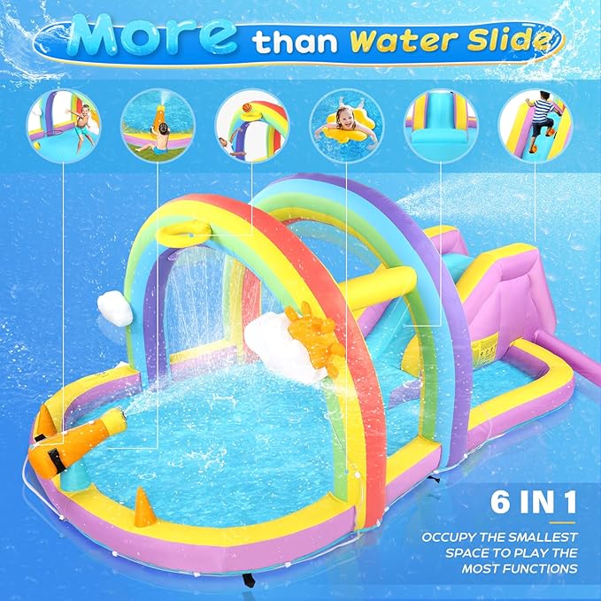 JOYMOR Inflatable Water Slide w/Climbing Wall, Water Cannon, Basketball Hoop, Kids Water Slide Bounce House w/Arch Sprinklers, 30s Blow Up Water Slide for Kids Backyard Party (Air Blower Included)