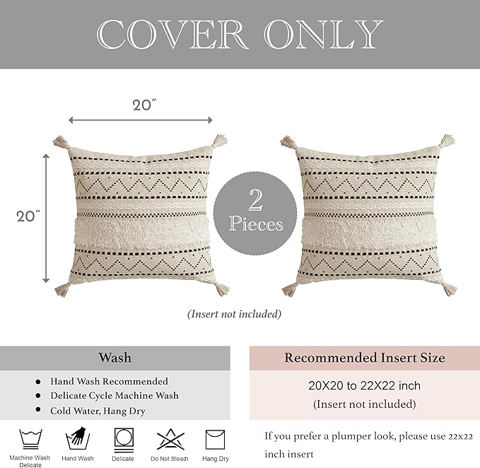 Decorative Throw Pillow Covers 20x20 Combo Set of 2 Square Boho Black Neutral Accent Pillowcase Tassels Farmhouse Cushion for Couch Sofa Bedroom Living Room Home Décor Cover ONLY