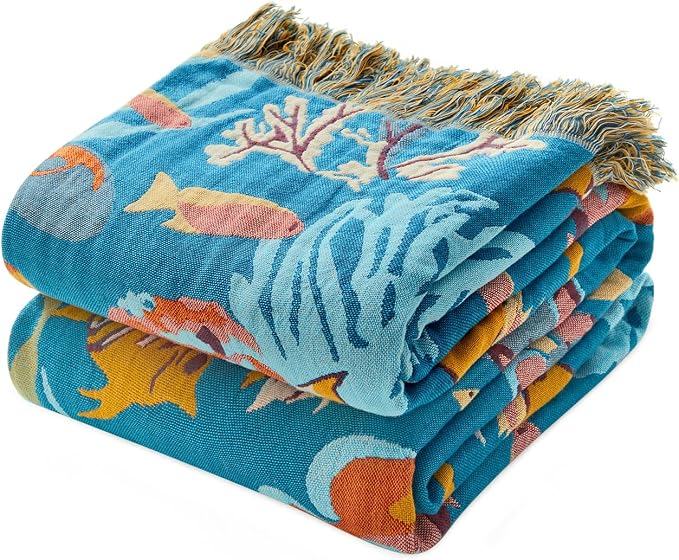 LUTBM Boho Throw Blanket for Bed 60"x80", All Season Cotton Couch Blankets | Underwater Ocean Life Jacquard, Twin Quilt, For Chair Sofa Bedroom Living Room, Lightweight & Breathable Gauze, Home Decor