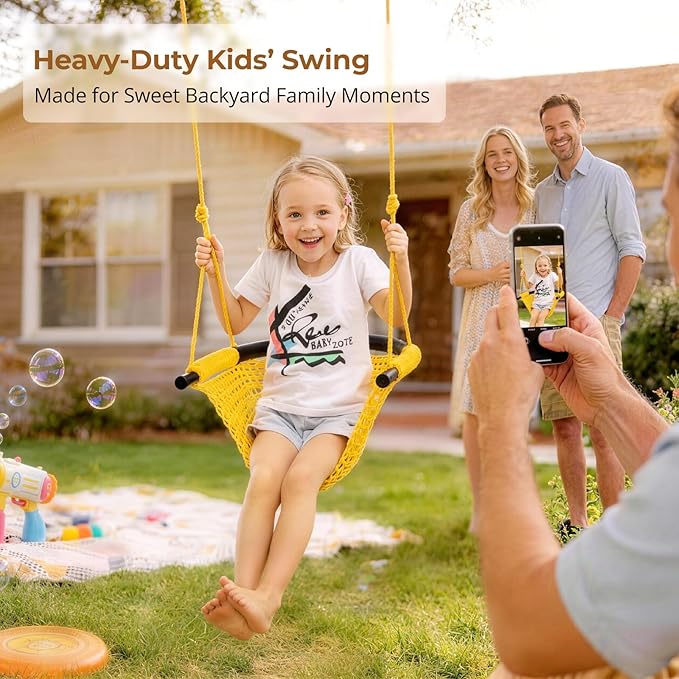 JKsmart Swing Seat for Kids Heavy Duty Rope Play Secure Children Swing Set,Perfect for Indoor,Outdoor,Playground,Home,Tree,with Snap Hooks and Swing Straps,440 lbs Capacity, Yellow