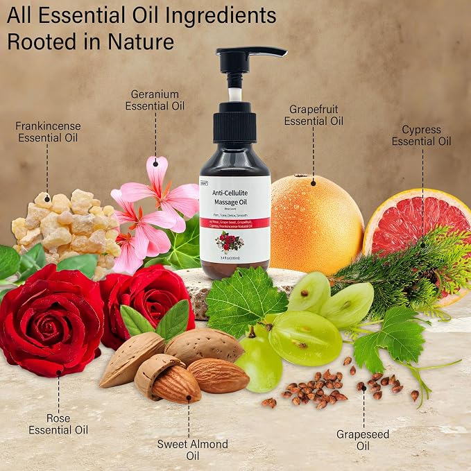 3.4 fl oz Anti-Cellulite Massage Oil with 7 Pure Natural Essential Oils for Body Massage Therapy, SPA, Tightening Skin and Reducing Stretch Marks(Rose Scent)