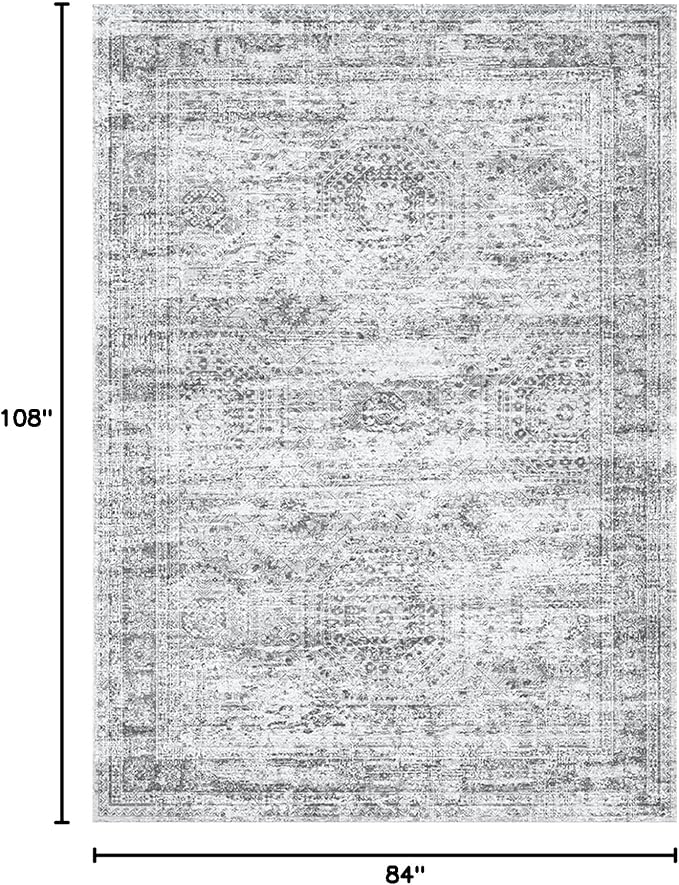 Soalmost 7x9 Area Rug for Living Room Washable Rugs Non-Slip Grey | Low-Pile Vintage Carpet for Dining Bedroom, Foldable Thin Stain Resistant Floor Mat Under Table Home Office Nursery Decor