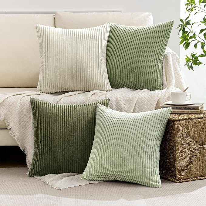 MIULEE Soft Corduroy Decorative Throw Pillow Covers Light Green 20x20 | Set of 4, Mordern Nordic Decor, Light Green Gradient Matching, Boho Farmhouse Cushion Covers for Couch Bed Sofa Living Room