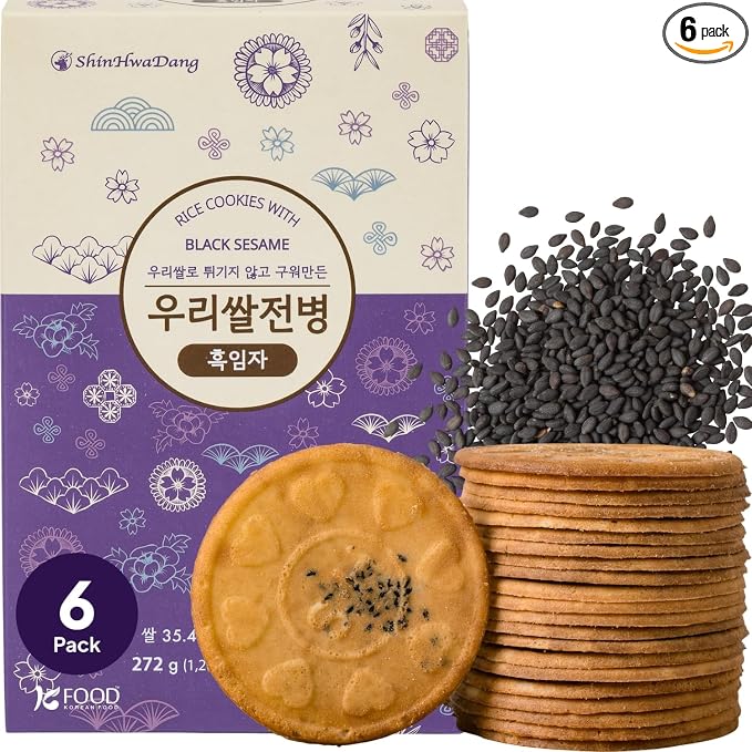 Korean Food Shinwhadang Rice Wafer Snacks, Black Sesame, Crispy, 6Pk | Oven-baked Korean rice crackers with black sesame flavor and a light, crispy texture