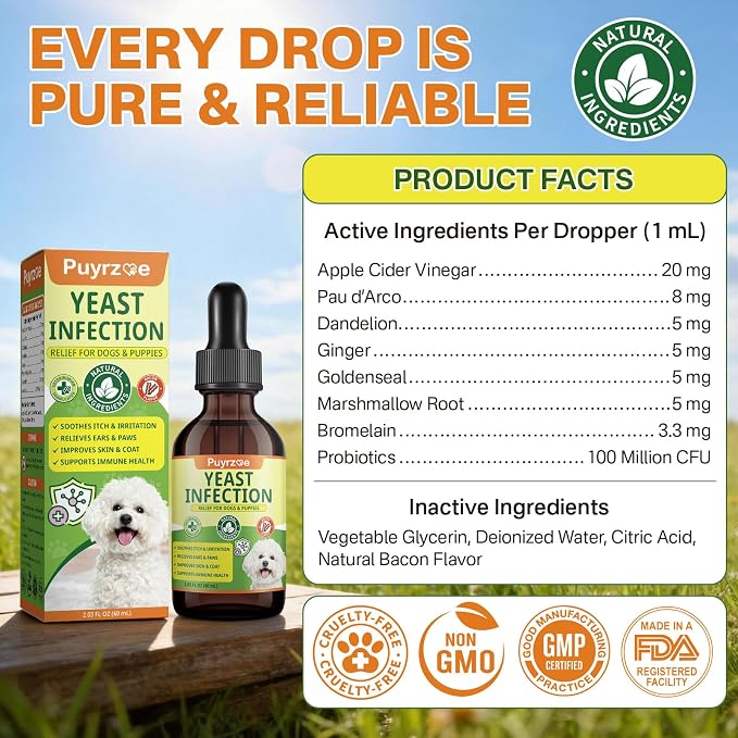 puyrzoe Natural Yeast Infection Treatment for Dogs, Itchy Ears, Skin, Paws & Allergy Relief, Yeast Treatment for Dogs, Supports Gut & Immune Health, Reduces Itching, Irritation & Inflammation, 120ml