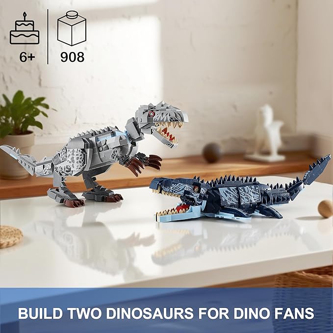 Dual Dinosaur Building Sets - Indominus Rex & Mosasaurus Dinosaur Toys with Poseable Joints, STEM Educational Toys for Kids Ages 6-12, Creative Birthday Gifts for Boys and Girls