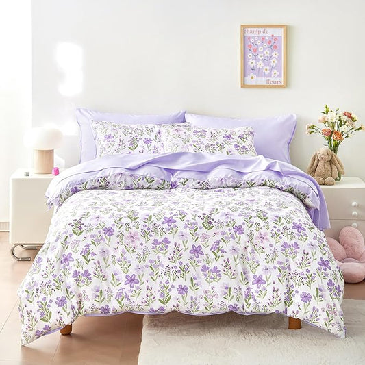 Wake In Cloud - Floral Bedding Set for Girls, Cute Colorful Botanical Flowers Patterned Soft Lightweight Comforter Set with Sheets, 7 Pieces Kids Bed in a Bag, Purple White, Full Size