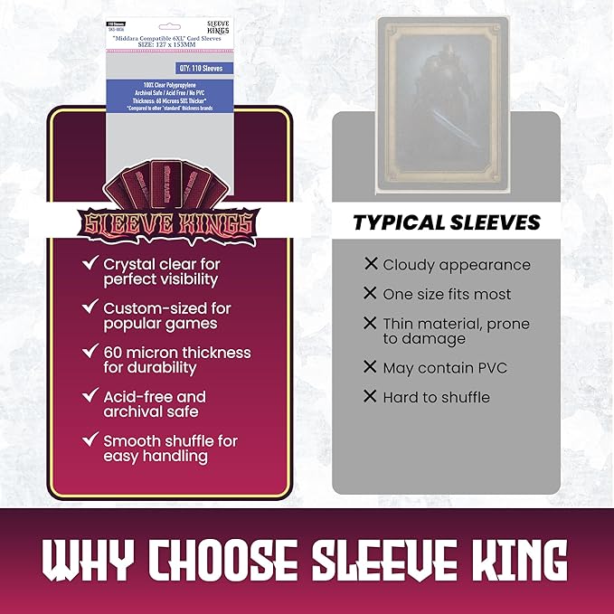 Sleeve Kings Standard Card Sleeves – 110 Count, Clear 60 Micron Thickness, XXL Size (127 x 153 mm), Compatible with Middara & More – SKU: SKS-8836