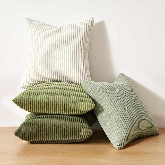 Topfinel Boho Farmhouse Green White Throw Pillow Covers 16x16 Inch Set of 4 Mordern Nordic Cushion Covers Soft Corduroy Spring Home Decor for Couch Bed Sofa Living Room Forest Green