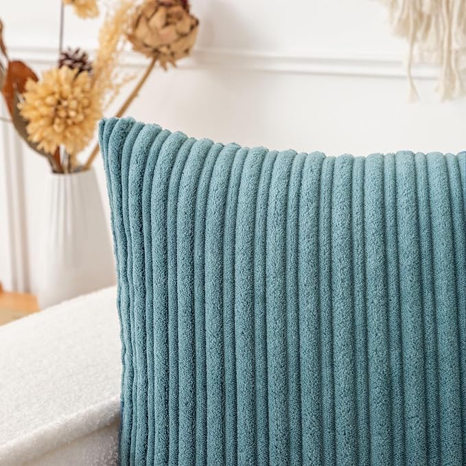 UGASA 14x24 Inch Pillow Cover Pack of 1 Soft Boho Stripe Corduroy Long Rectangle Lumbar Cushion Case Farmhouse Decorative Throw Pilowcase for Bed, Couch, Sofa, Bedroom, Living Room, Blue Grey