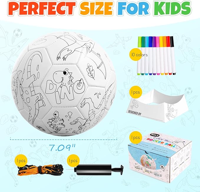 EVERICH TOY Paint Your Own Soccer Ball with Markers, Toddler Arts and Crafts Soccer Gifts, Kids Soccer Ball Size 3 Dinosaur Toys for Boys Girls, Sport Drawing DIY Design Color Play Ball Game with Pump