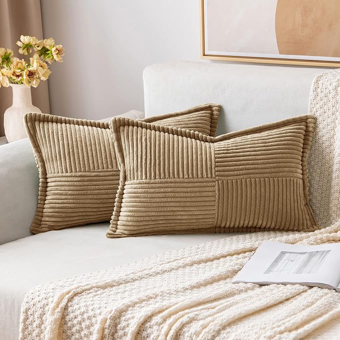 MIULEE Decorative Lumbar Throw Pillow Covers 12x20 Inch Khaki 2 Pack | Boho Broadside Striped Patchwork Pillow Covers, Soft Corduroy Cushion Cases, For Couch Sofa Bed Livingroom Home Decor