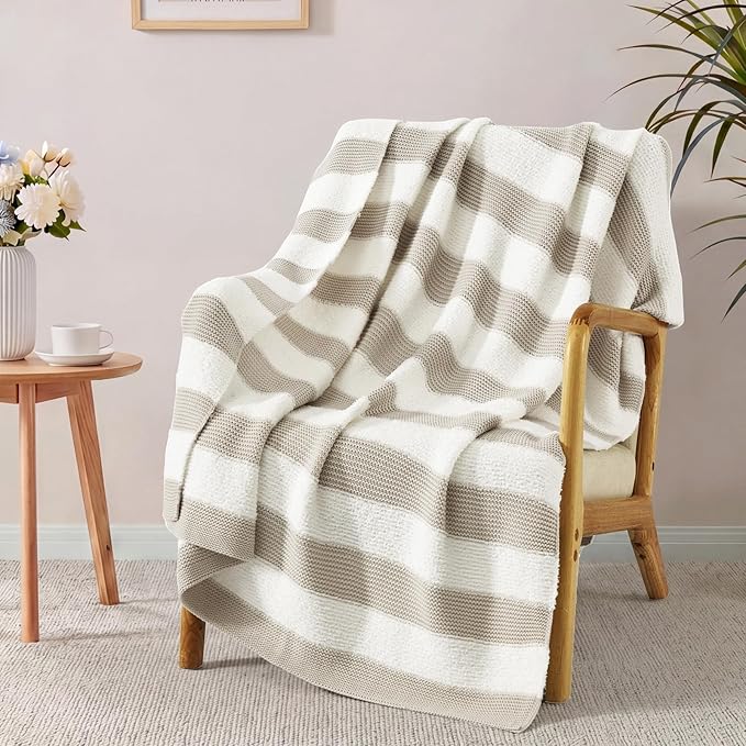 Soft Throw Blanket for Couch-Cozy Reversible Knitted Blankets | Lightweight Warm Fluffy Decor for Women, Mom, Her & Girls, Sofa, Chair, Bed, 50x70in, Feather Yarn Khaki