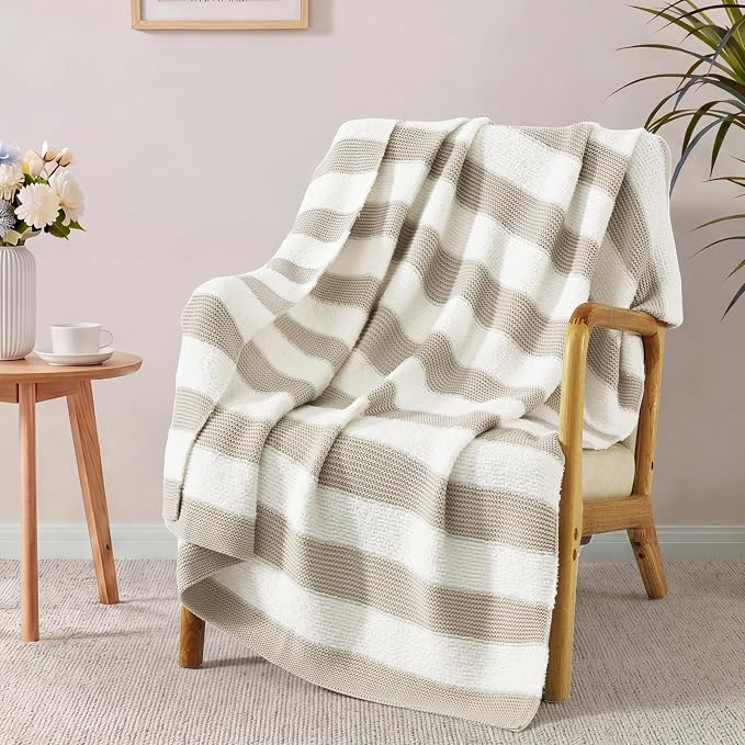 Soft Throw Blanket for Couch-Cozy Reversible Knitted Blankets | Lightweight Warm Fluffy Decor for Women, Mom, Her & Girls, Sofa, Chair, Bed, 50x60in, Feather Yarn Khaki