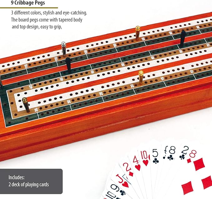 ERLLE - Wooden Cribbage Board Game Set, Continuous 3 Track Wooden Board, 9 Metal Pegs, 2 Decks of Cards, Sliding Lid and Storage, Unique Cribbage Boards,Travel Portable Cribbage Game Sets