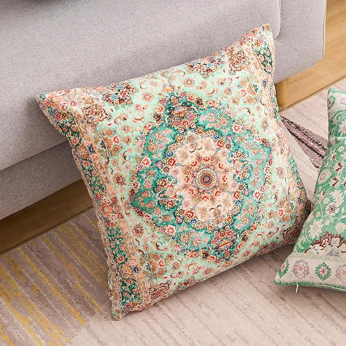 Boho Floral Throw Pillow Covers 18x18 inch Set of 2,Green Boho Rug Geometric Floral Pattern Decor Double Sided Pattern Cushion Cover Soft Pillow Case Living Sofa Room Bed Square Pillow Cover