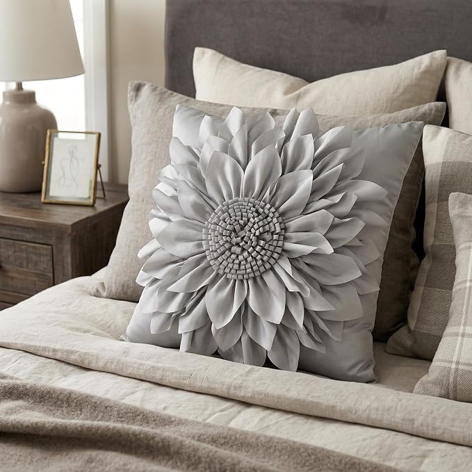 Grey Accent 3D Flower Decorative Throw Pillow Covers for Bed Sofa Couch | Bella's Giftshop Handmade Sunflower Taffeta Pillow Cases Living Room Bedroom Decor, 18x18 Inch