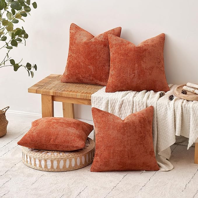 MIULEE Decorative Chenille Fall Pillow Covers Burnt Orange 16x16 Pack of 4 | Fall Home Decor, All Same Color Set, Couch Throw Pillows, Farmhouse Boho Cushion Covers for Sofa Bed Living Room