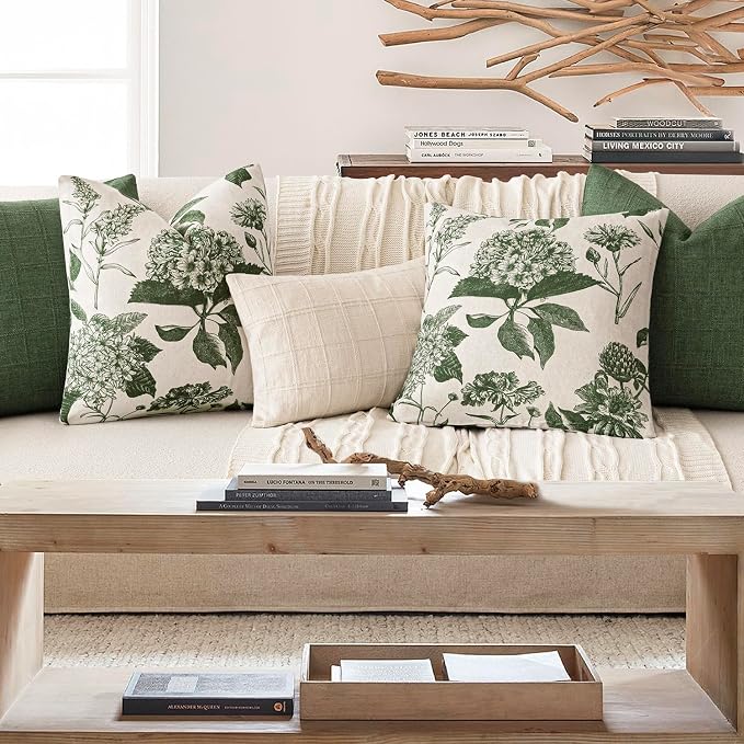 Foindtower Set of 2 Linen Floral Throw Pillow Covers Neutral Vintage Print Decorative Cozy Cushion Covers Farmhouse Boho Home Decor for Sofa Chair Couch Bedroom Living Room,22×22 Inch,Dark Green