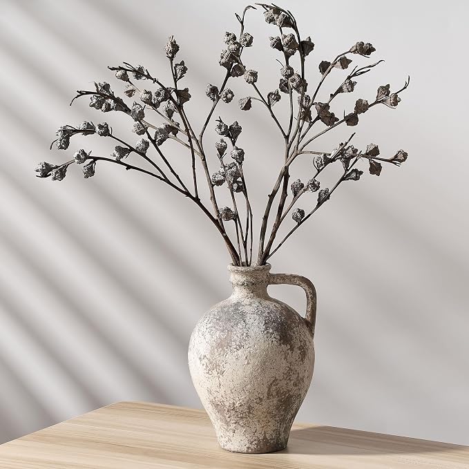 PORCER Antique Ceramic Vase, 8.3 Inch Terracotta Vase with Handle, Tuscan Decor Decorative Vase, Rustic Vase for Home Decor, Farmhouse, Living Room, Floor, Wedding, Christmas- Gray