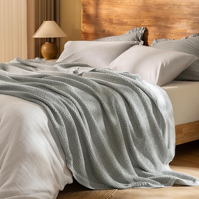 PHF Stone Washed 100% Cotton Waffle Blanket, Vintage Deep Honeycomb Texture, Breathable Thermal Blanket for Bed & Home Decor, All Season Layering - King, Frosted Grey