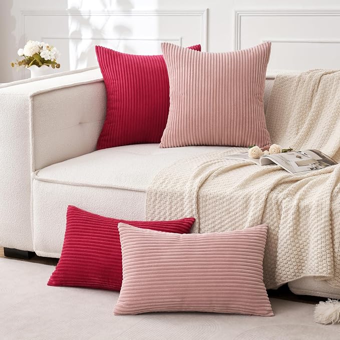 MIULEE Decorative Corduroy Throw Pillow Covers Set of 2 18x18 Blush Pink | Soft Striped Textured Cushion Cases, Boho Square Lovely Cute Pillowcases, Home Decor for Couch Chair Sofa Bed Living Room