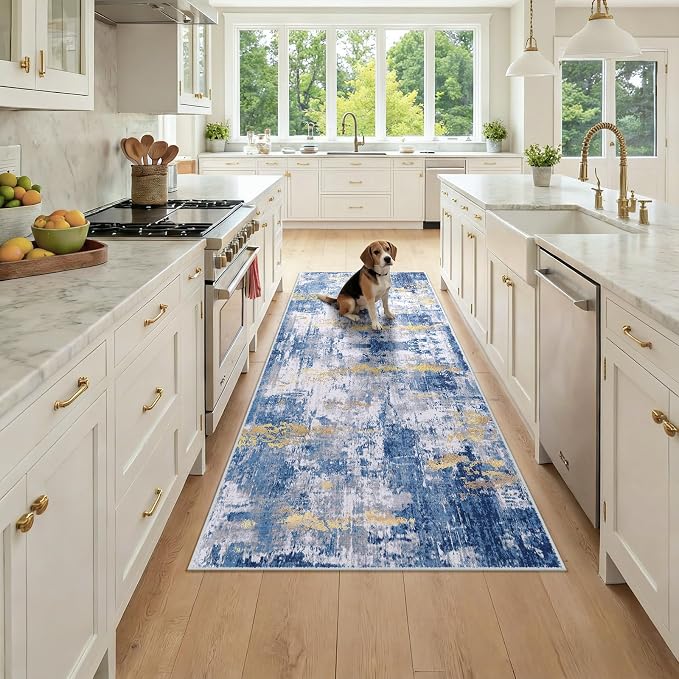 RELEANY Washable Area Rugs 3x7 Non-Slip Modern Abstract Soft for Living Room Entryway Bedroom Kitchen, Print Pattern, Grey Blue Gold/Golden