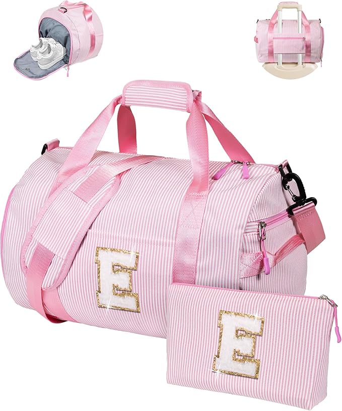 Teen Girl Gifts Trendy Stuff-Valentines Gift for Kid, Girls Travel Duffle Bag, Kids Overnight Bags with Shoe Compartment, Weekender Bag with Makeup Pouch, Birthday Gift for Her (Letter E)