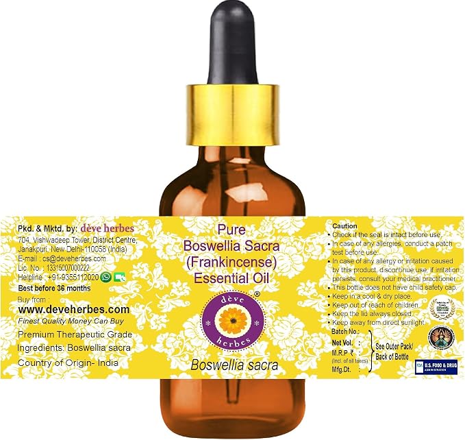Deve Herbes Pure Boswellia Sacra (Frankincense) Essential Oil (Boswellia Sacra) with Glass Dropper Steam Distilled 100ml X 3 (10 oz)