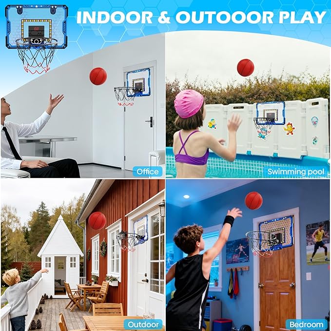 Indoor Basketball Hoop for Kids, Over The Door Mini Basketball Hoop Set with LED Lights, Scoreboard, 4 Balls & Sound Effects - Indoor Toys Gift for Boys & Girls Ages 3-12 for Birthday & Christmas