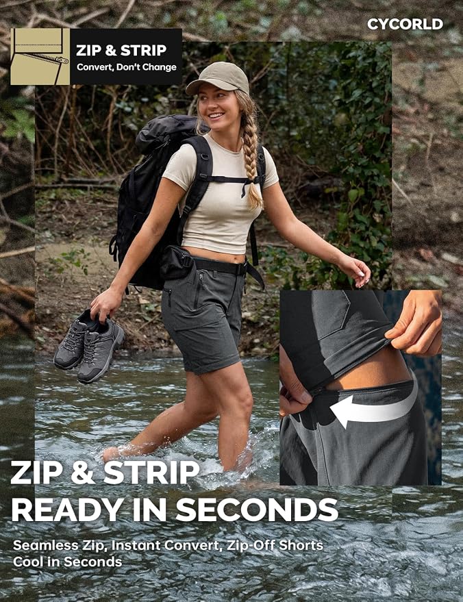 Cycorld Women's-Hiking-Pants-Convertible Quick-Dry-Stretch-Lightweight Zip-Off Outdoor Pants with 5 Deep Pockets