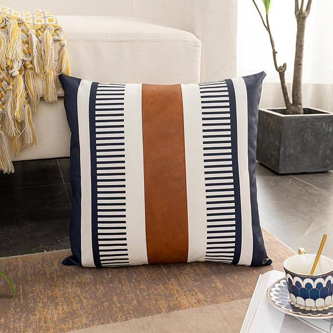 Farmhouse Throw Pillow Covers for Couch Sofa Decorative Faux Leather Square Cushion Cover Tribal Stripe Accent Pillow Case 18 x 18 Inch, Navy Blue