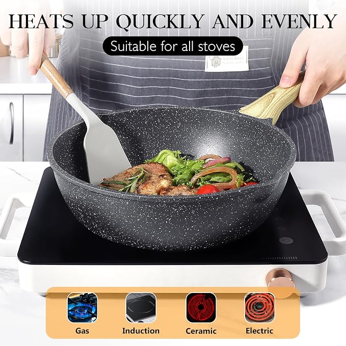 GiPP Nonstick Deep Frying Pan Skillet, 9.5" Saute Pan with Lid, Granite Induction Cookware Non Stick Cooking Pan, PFOA PFOS APEO Free