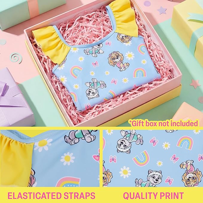 Paw Patrol | Bluey Girls Swimsuit, One Piece Toddler Bathing Suit with Ruffle Shoulder UPF 50+ Pool, Beach Swimwear