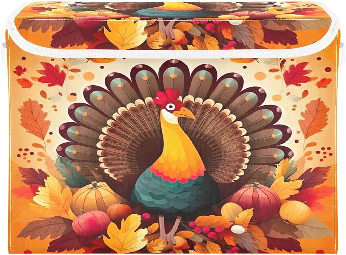 Thanksgiving Turkey Storage Bins with Lids and Carrying Handle,Foldable Storage Boxes Organizer Containers Baskets Cube with Cover for Home Bedroom Closet Office