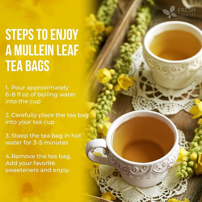 FreshDrinkUS, Premium 15 Mullein Leaf Tea Bags For Lung, 100% Natural & Pure from Mullein Leaves. Loose Leaf Mullein Herbal Tea. Made with Natural Material Tea Bags. No Sugar, No Caffeine, No Gluten, Vegan.