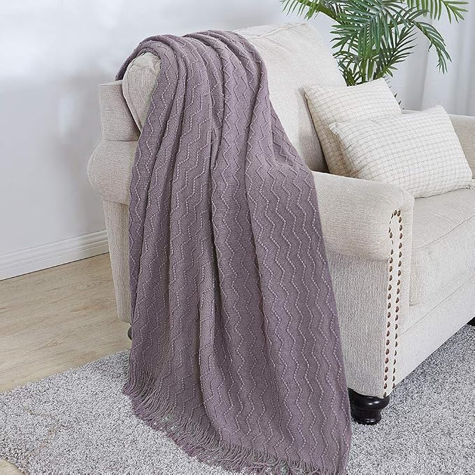 BOURINA Dark Lavender Throw Blanket 50x60 Inch Knit Soft Throw Sofa Blanket | Knitted Throw Blanket 50x60 Inches, Soft Lightweight Boho Weave Throw Decorative Couch Blanket for Living Room Bedroom Chair