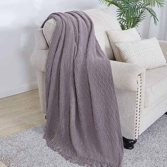 BOURINA Dark Lavender Throw Blanket 50x90 Inch Knit Soft Throw Bed Blanket | Knitted Throw Blanket 50x90 Inches, Soft Lightweight Boho Weave Throw Decorative Couch Blanket for Living Room Bed Runner