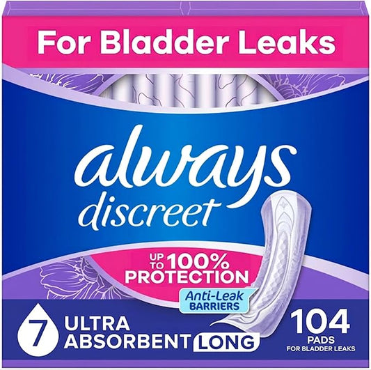 Always Discreet Adult Incontinence Pads for Women, Drier, 7 Drop Long Length, Ultra Absorbency, Pads for Bladder Control Management, Bladder Leaks, Overnight & Postpartum Pads, 104ct