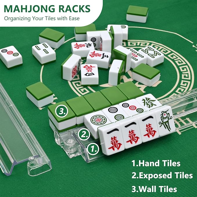 Mahjong Racks with Pushers, All-in-One Mahjong Tile Pushers and Racks with 3 Dices, Modern American Tile Set of 4 (Clear)