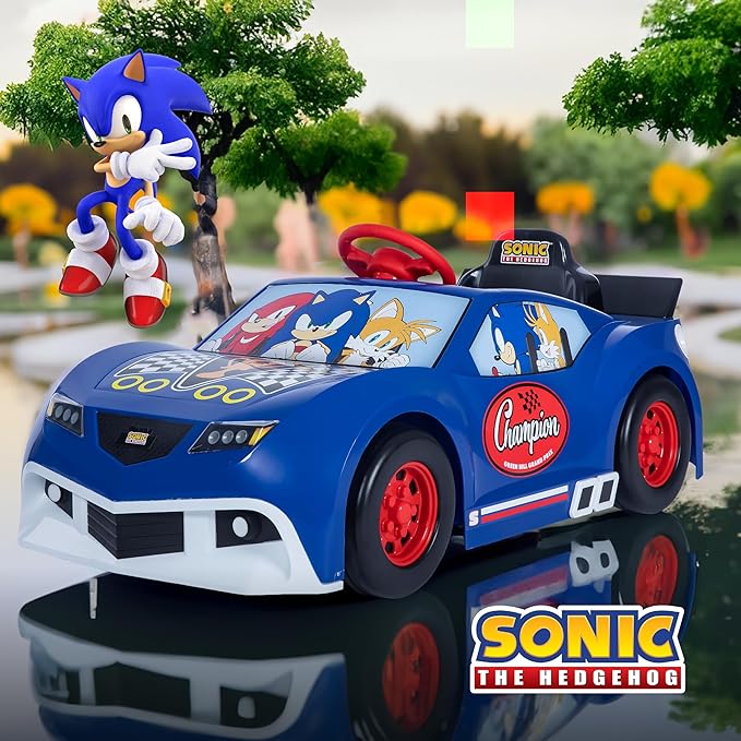 Sonic The Hedgehog 6V Grand Prix Kids Ride on Car, Rechargeable Battery, Working Headlights, Sounds, Hood Storage, 1.9mph Speed, Exciting Ride On Toys for Children Ages 3 and Up