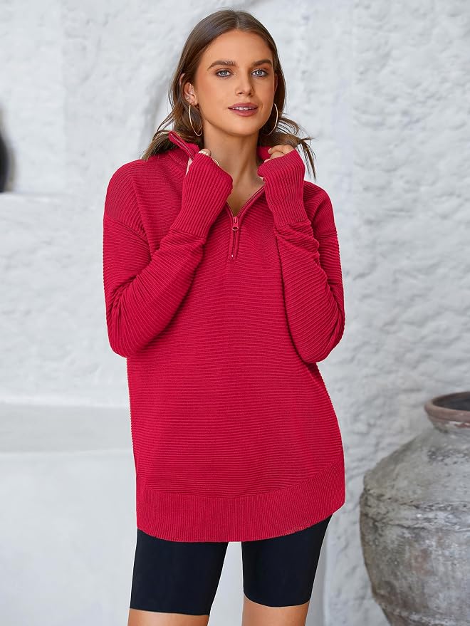 PRETTYGARDEN Womens Long Sleeve Quarter Zip Pullover Sweater Casual Loose V Neck Collared Ribbed Knit Jumper Tops Thumb Hole