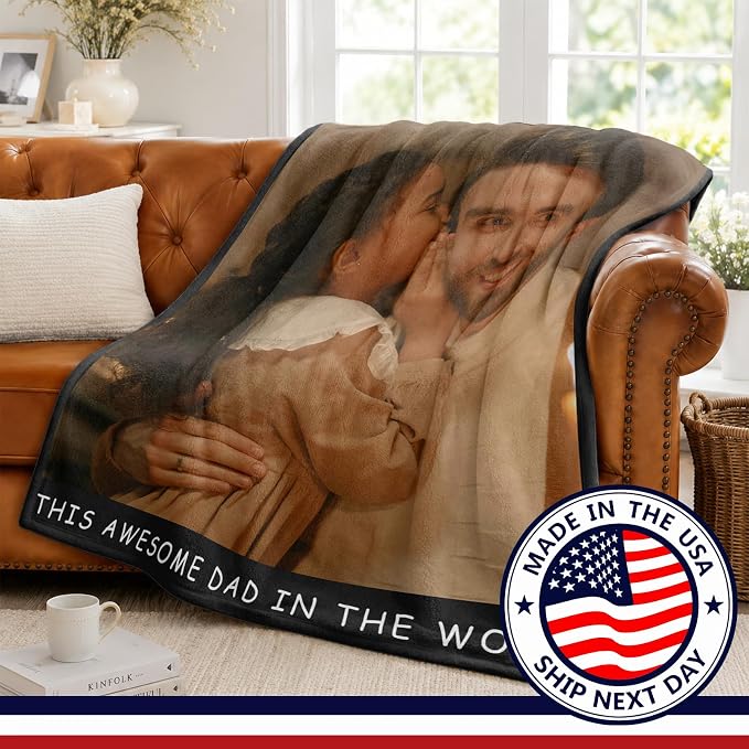Fathers Day Birthday Gift for Dad Custom Blanket with 1 Photo & Text, Personalized Blankets with Picture to My Dad, HD Printing Customized Flannel Throw Blanket Gifts for Best Daddy Grandpa Ever