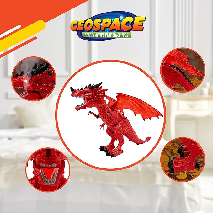 Geospace New Dragon Walking Dinosaur Toy – Smoke Breathing Fire Dragon Toy for Kids 3 & up, Walking Dinosaur Toys with Lights, Roaring Sound, Dragons Action Figure, Dragons for Gift (Firestorm)
