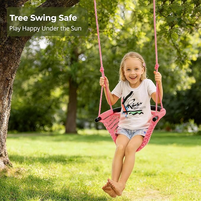 JKsmart Swing Seat for Kids Heavy Duty Rope Play Secure Children Swing Set,Perfect for Indoor,Outdoor,Playground,Home,Tree,with Snap Hooks and Swing Straps,440 lbs Capacity,Pink