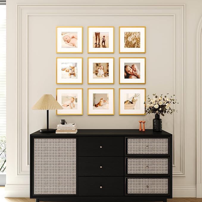10x10 Picture Frame Set of 9, Display Pictures 8x8 with Mat or 10x10 without Mat, Multi Collage Gallery Square Photo Frames for Wall or Tabletop, Gold