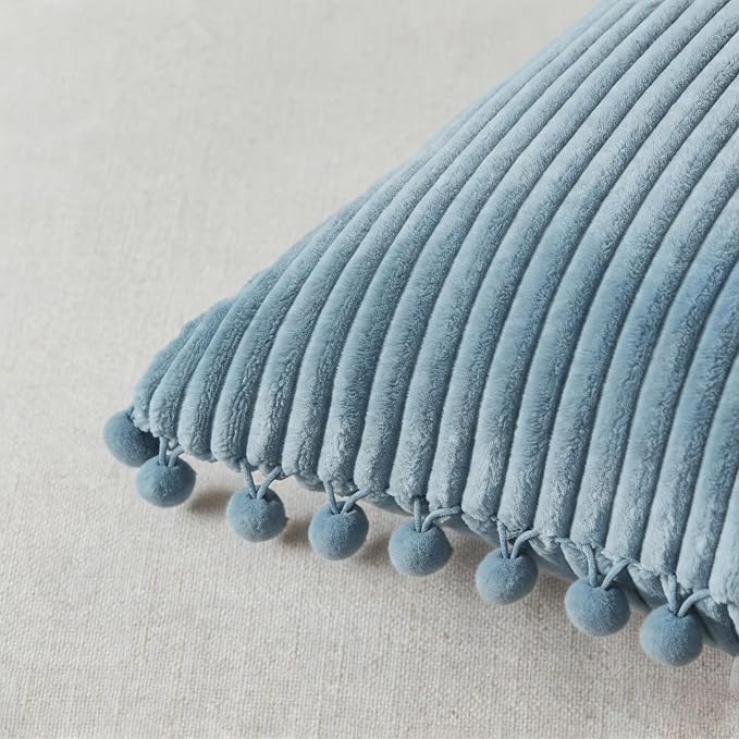 Fancy Homi Set of 2 Light Blue Decorative Throw Pillow Covers 14x14 Inch with Pom-poms for Couch Bed Sofa, Modern Farmhouse Boho Home Decor, Soft Plush Corduroy Cute Baby Blue Cushion Case 35x35 cm