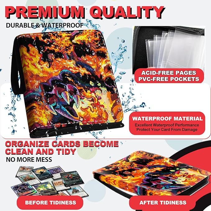 440 Card Binder 4 Pocke 3-Ring Trading Card Binder with 55 Page Removable Sleeves, High Storage Trading Card Holder Collection Card Album Carrying Organizer Case for TCG Cards-Fire Dragon