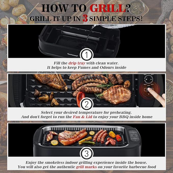 Indoor Grill, Techwood 1500W Smokeless Electric Grill with Tempered Glass Lid, Compact & Portable Non-Stick BBQ Grill with 6-Level Control, Dishwasher Safe, Black